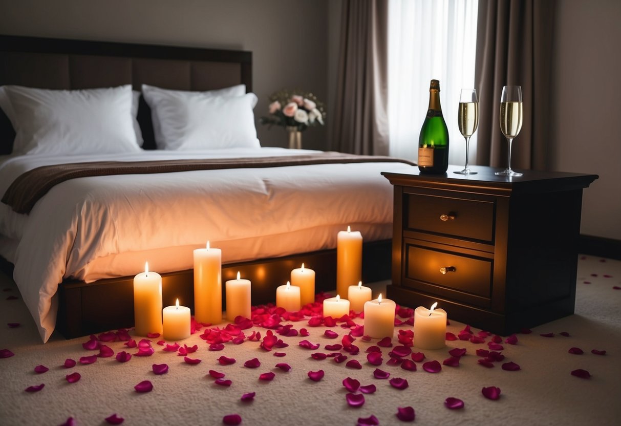 A candlelit bedroom with rose petals scattered on the bed and floor, with a bottle of champagne and two glasses on the nightstand