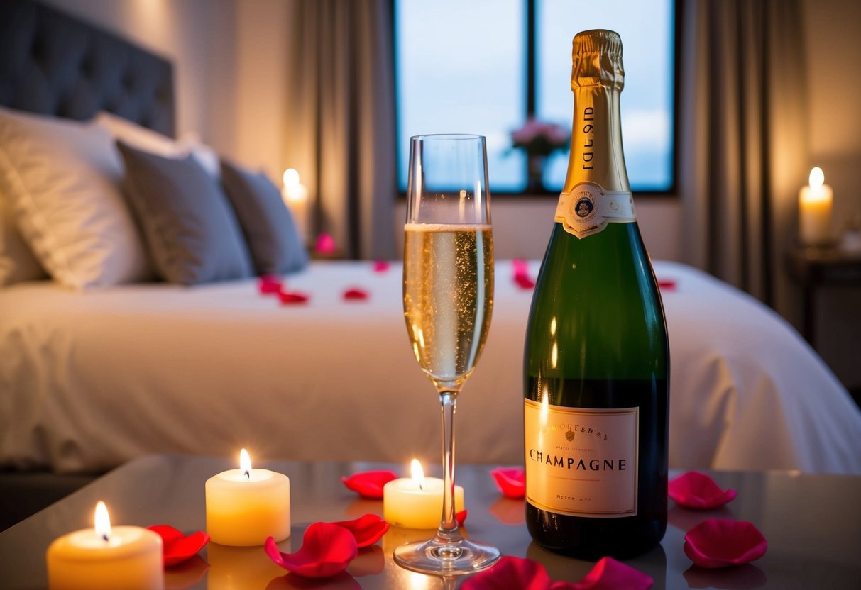 A cozy bedroom with soft candlelight, a bed adorned with rose petals, and a bottle of champagne on ice