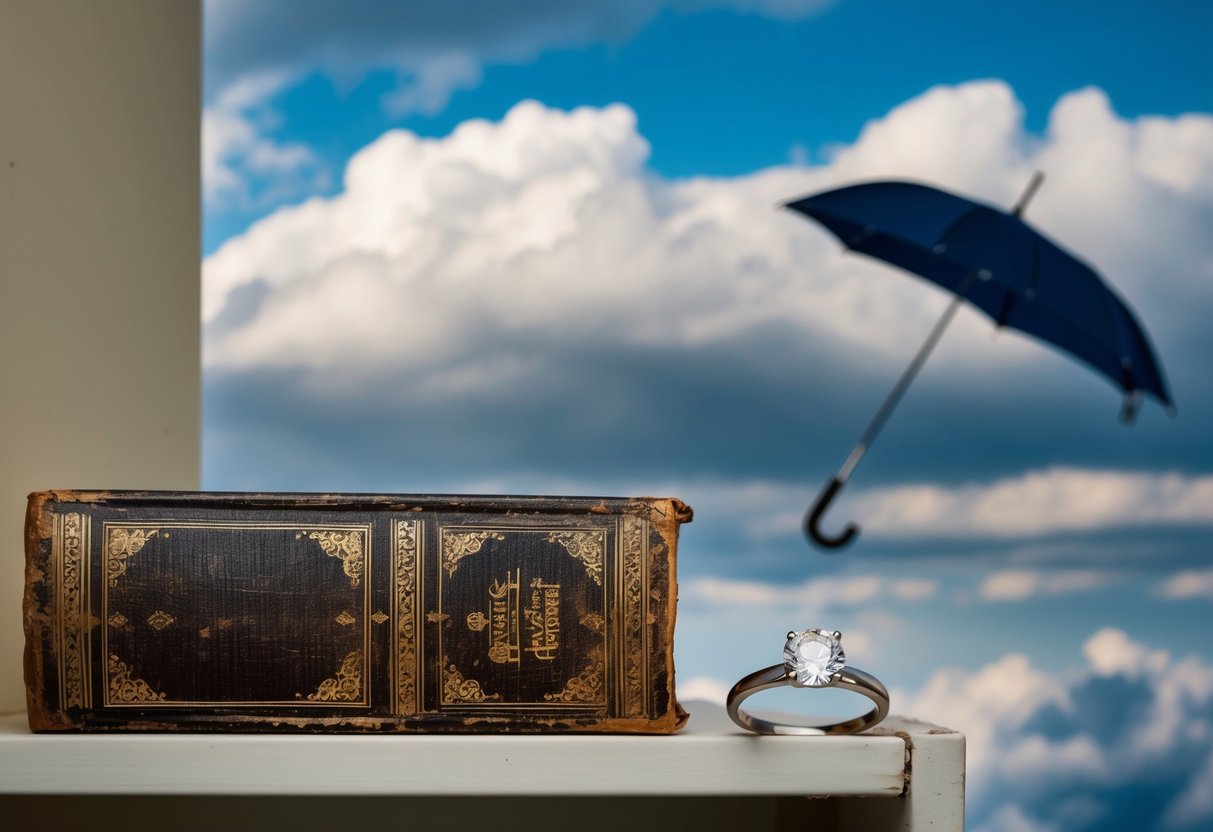 An old, weathered book on a dusty shelf, a shiny new ring, a borrowed umbrella left leaning against a wall, and a blue sky peeking through the clouds