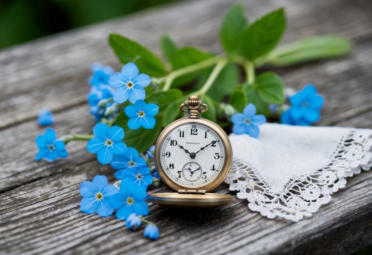 An old pocket watch resting on a weathered wooden table, surrounded by new blooms of blue forget-me-nots and a borrowed lace handkerchief