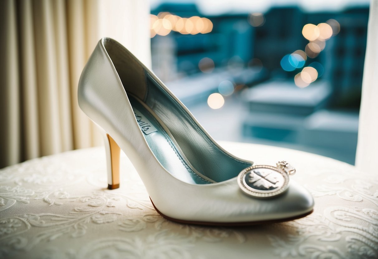 A bride's shoe with a shiny sixpence tucked inside for good luck