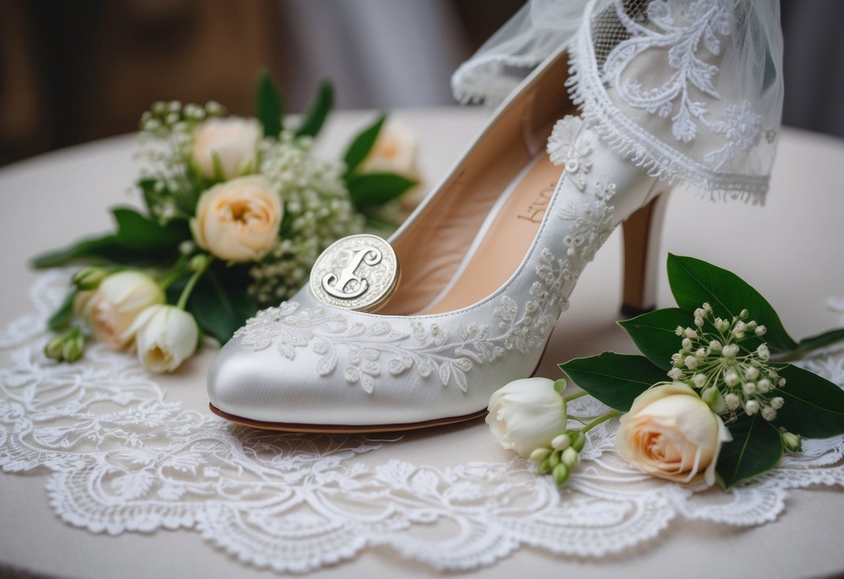 A bride's shoe with a sixpence tucked inside, surrounded by delicate lace and floral details