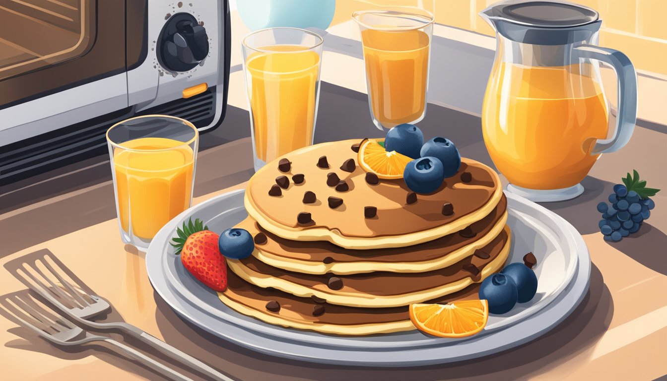 A plate of chocolate chip pancakes being warmed in a toaster oven next to a bowl of fresh fruit and a glass of orange juice