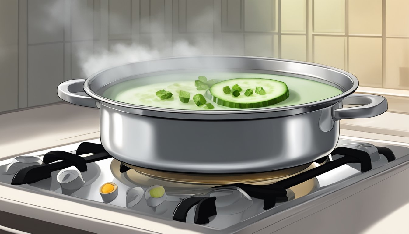 A pot of chilled cucumber soup being gently reheated on a stovetop, with steam rising from the surface