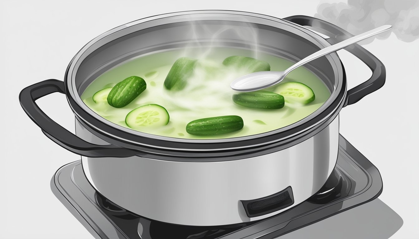 A pot of chilled cucumber soup being gently reheated on a stovetop, with steam rising and a lid partially covering the pot