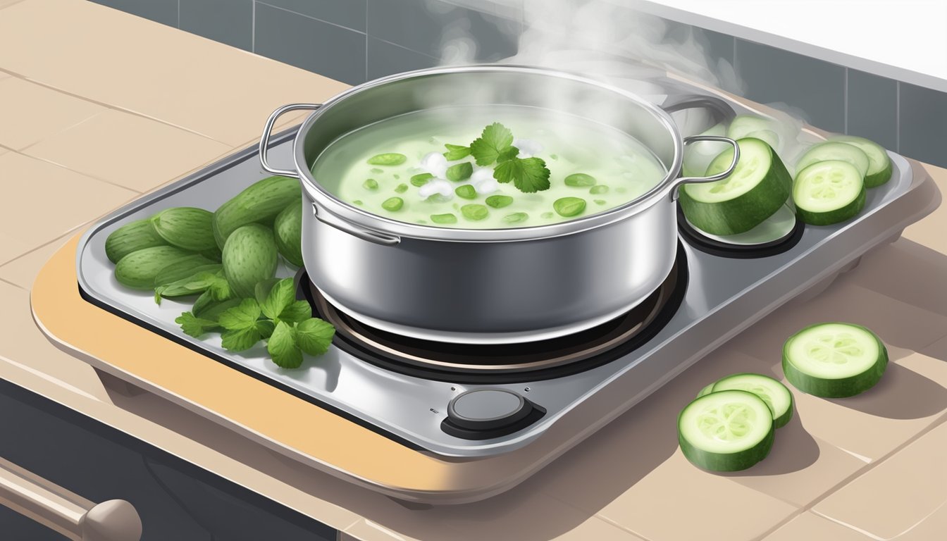 A pot of chilled cucumber soup being gently reheated on a stovetop, with steam rising and the aroma of fresh herbs filling the air