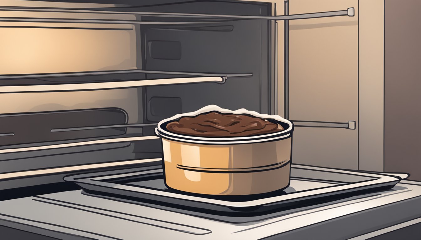 A chocolate soufflé sits in a ramekin on a baking sheet in an oven, with the door slightly ajar and warm air gently rising around it