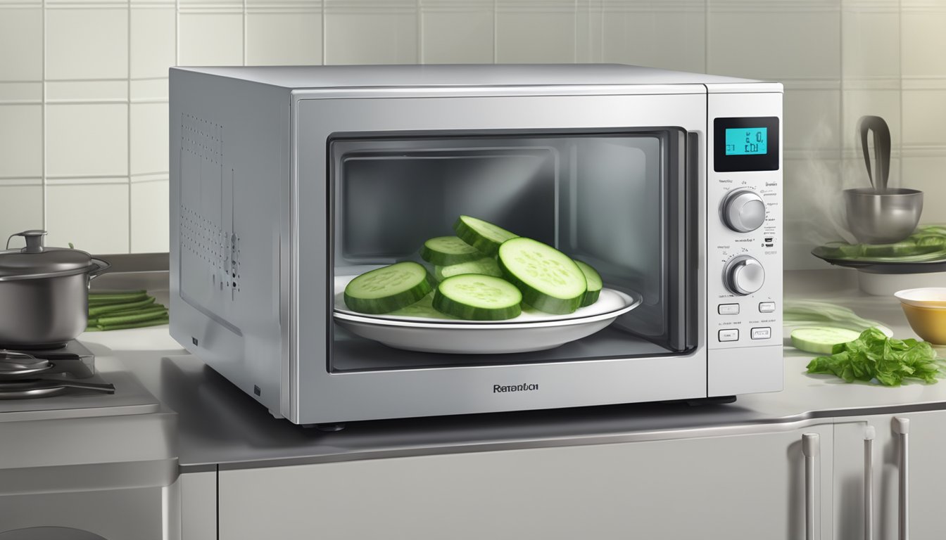 A microwave with a bowl of chilled cucumber soup rotating on the turntable, steam rising from the surface