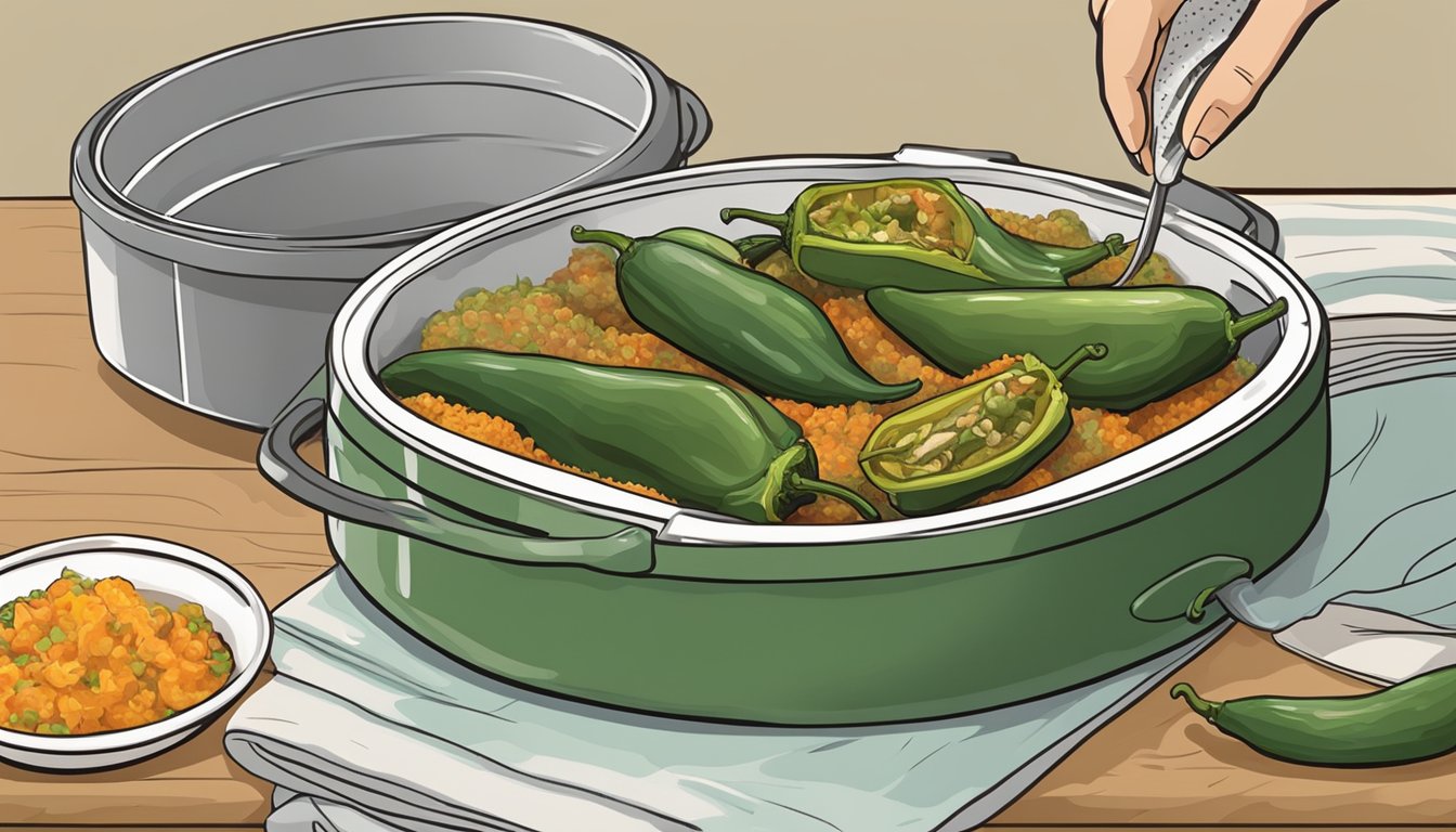 A plate of chiles rellenos being carefully placed into an airtight container for proper storage. Another plate of chiles rellenos being reheated in the oven