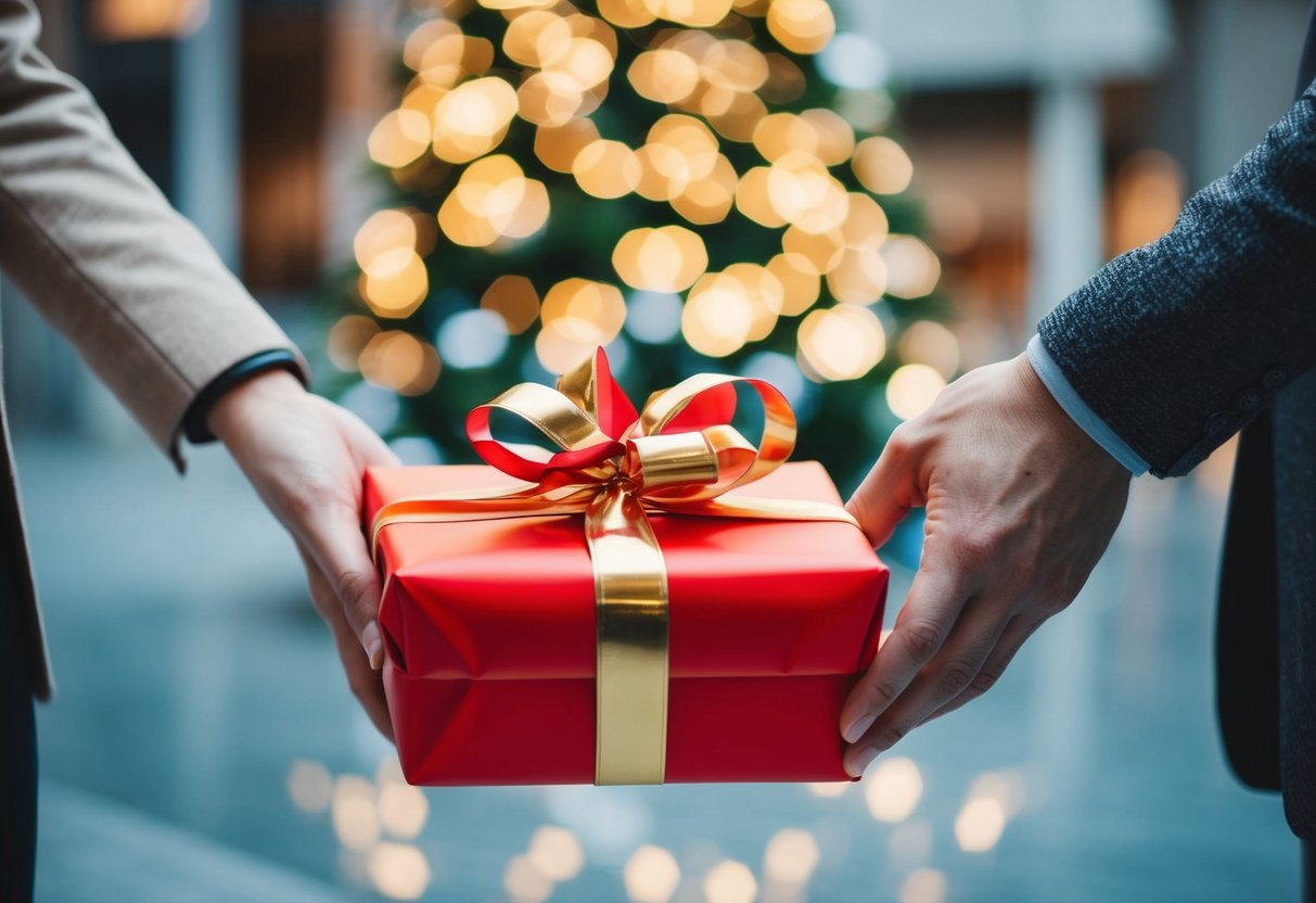 A wrapped gift is handed from one person to another