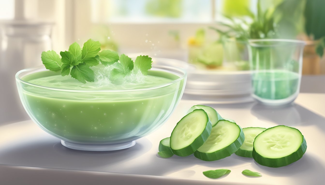 A microwave emitting waves into a bowl of chilled cucumber soup, with steam rising and a fresh cucumber garnish on the side