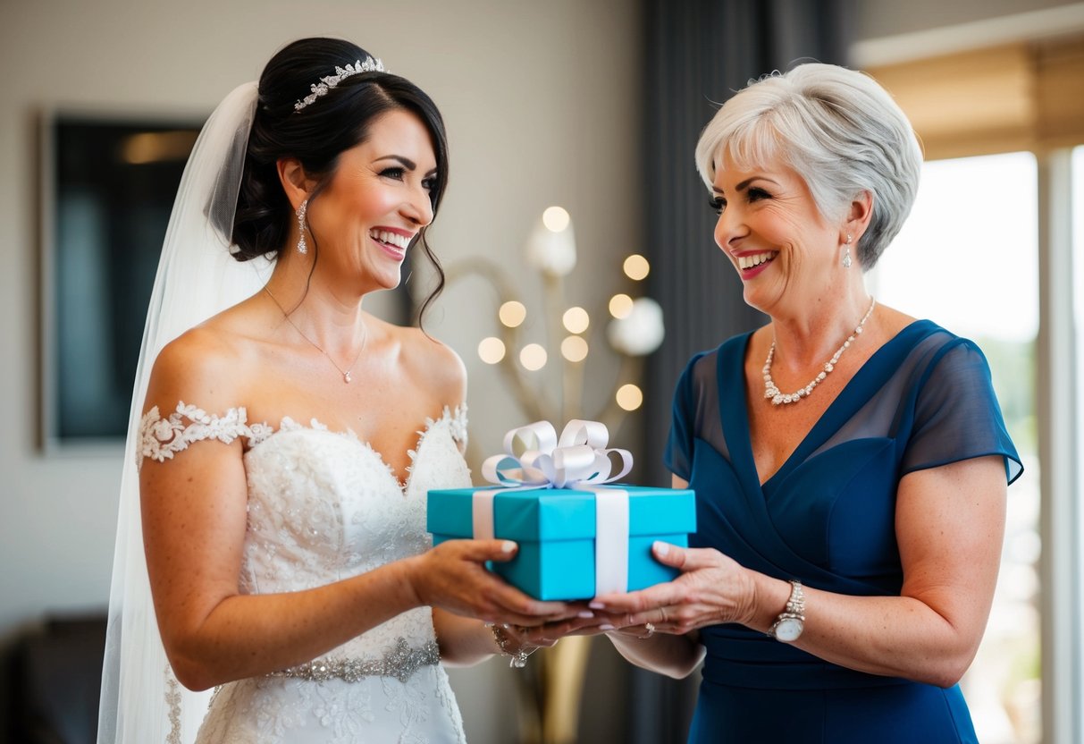 A bride presents a gift to her mother-in-law, both smiling warmly