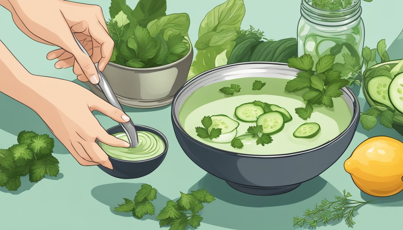 A hand reaching for a ladle to pour chilled cucumber soup into a bowl, surrounded by fresh herbs and a decorative garnish