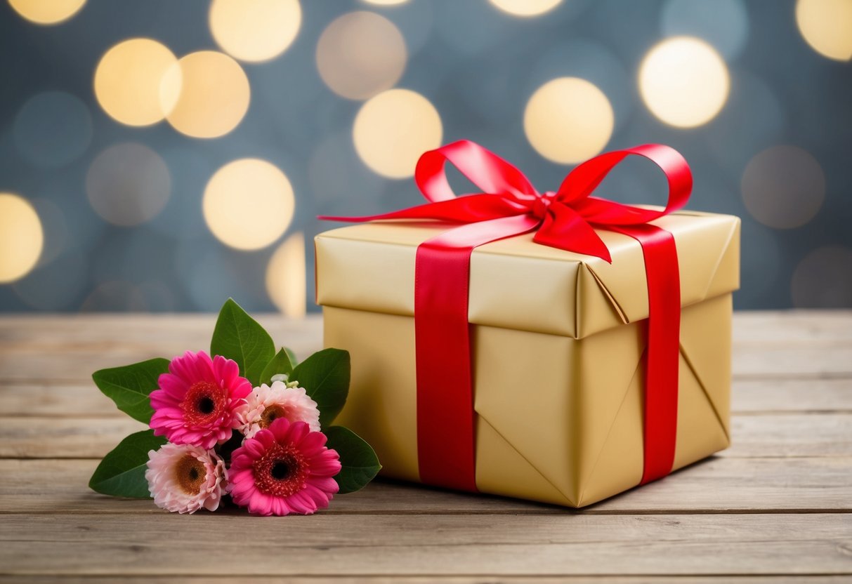A beautifully wrapped gift box with a ribbon and a small bouquet of flowers placed next to it