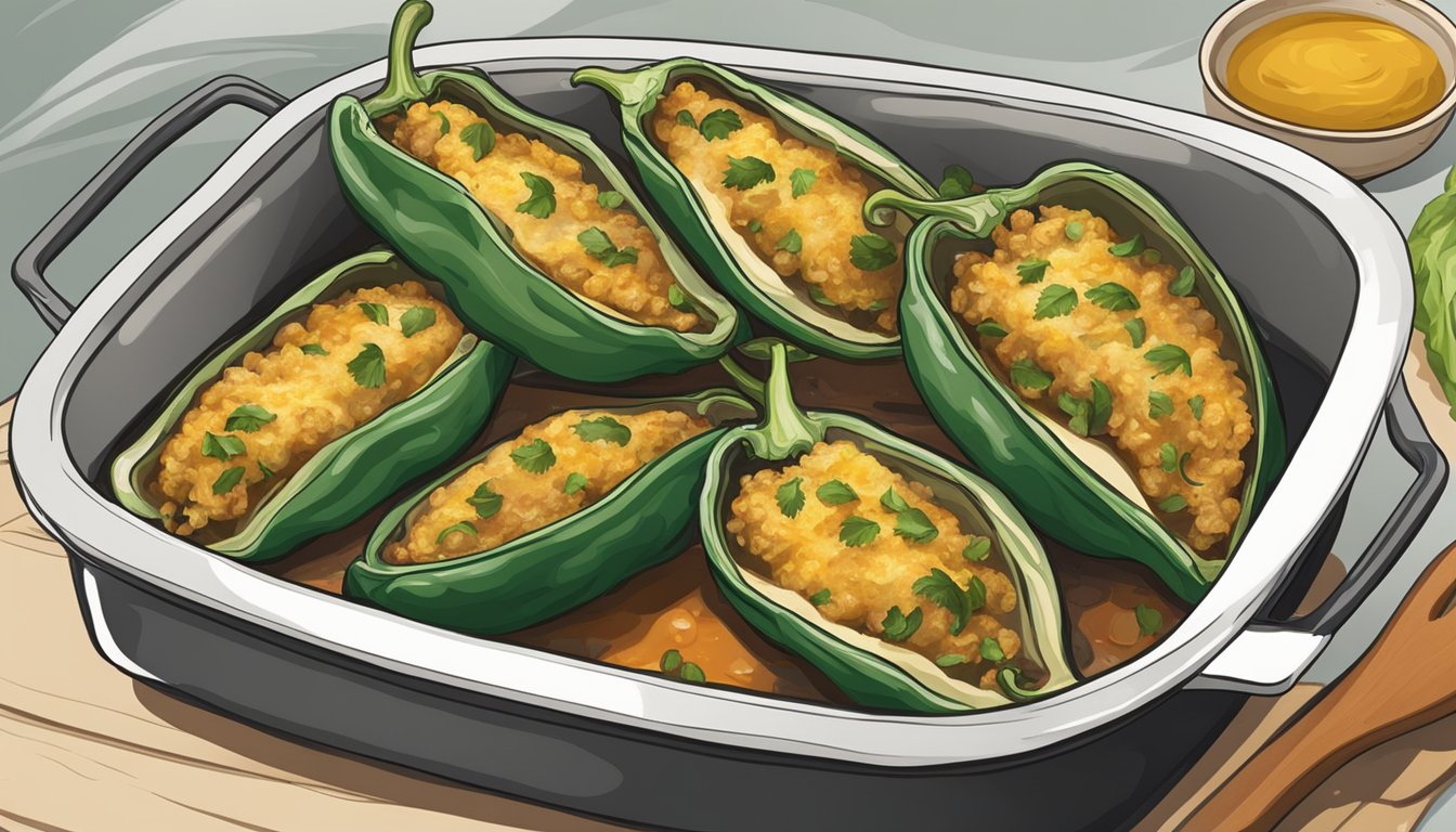 Chiles rellenos being reheated in a preheated oven