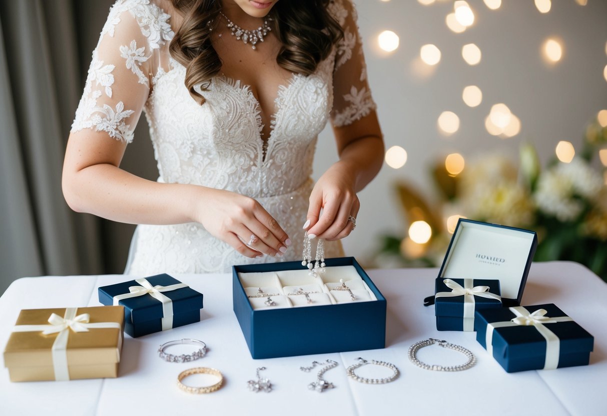 A bride unpacks a box of delicate jewelry and personalized gifts, arranging them on a table with care