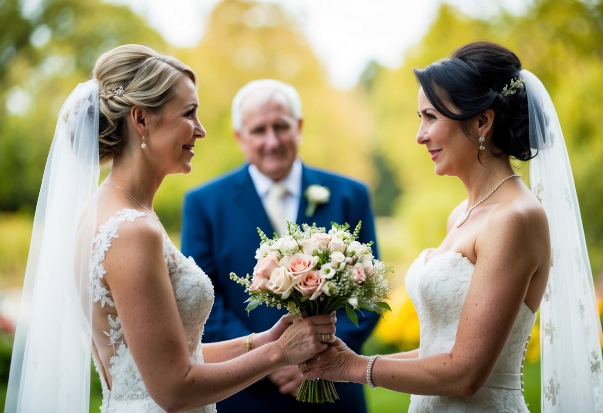 The bride presents a delicate bouquet of flowers to her mother-in-law, expressing gratitude and respect on her wedding day
