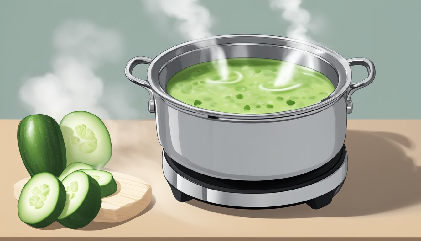 A pot of chilled cucumber soup being gently reheated on a stovetop, steam rising from the surface as the soup maintains its fresh taste