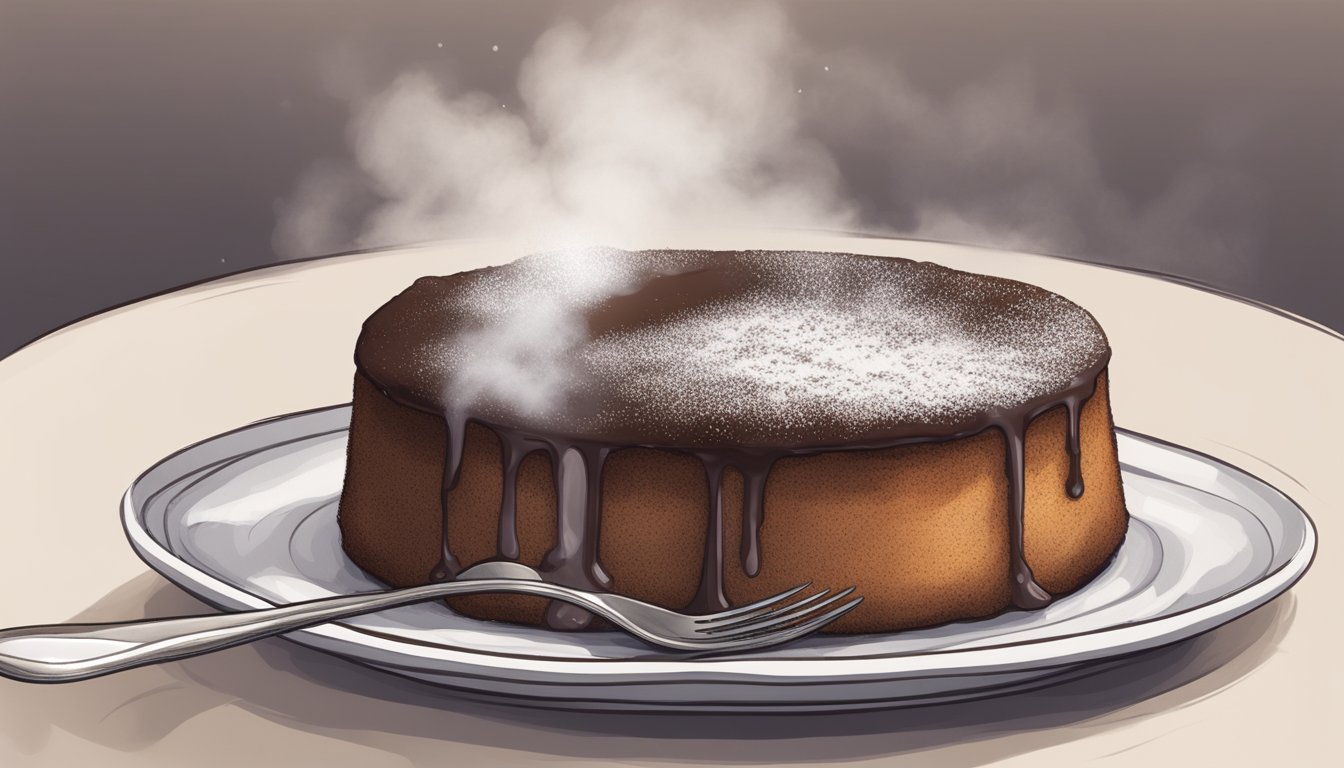 A perfectly risen chocolate soufflé sits on a white ceramic plate, steam rising from its fluffy center. A silver fork rests beside it, ready to indulge