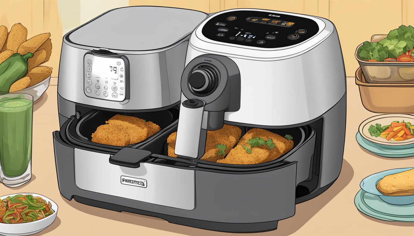 A chile relleno being placed into an air fryer, surrounded by other food items, with the air fryer's digital display showing the reheat option selected