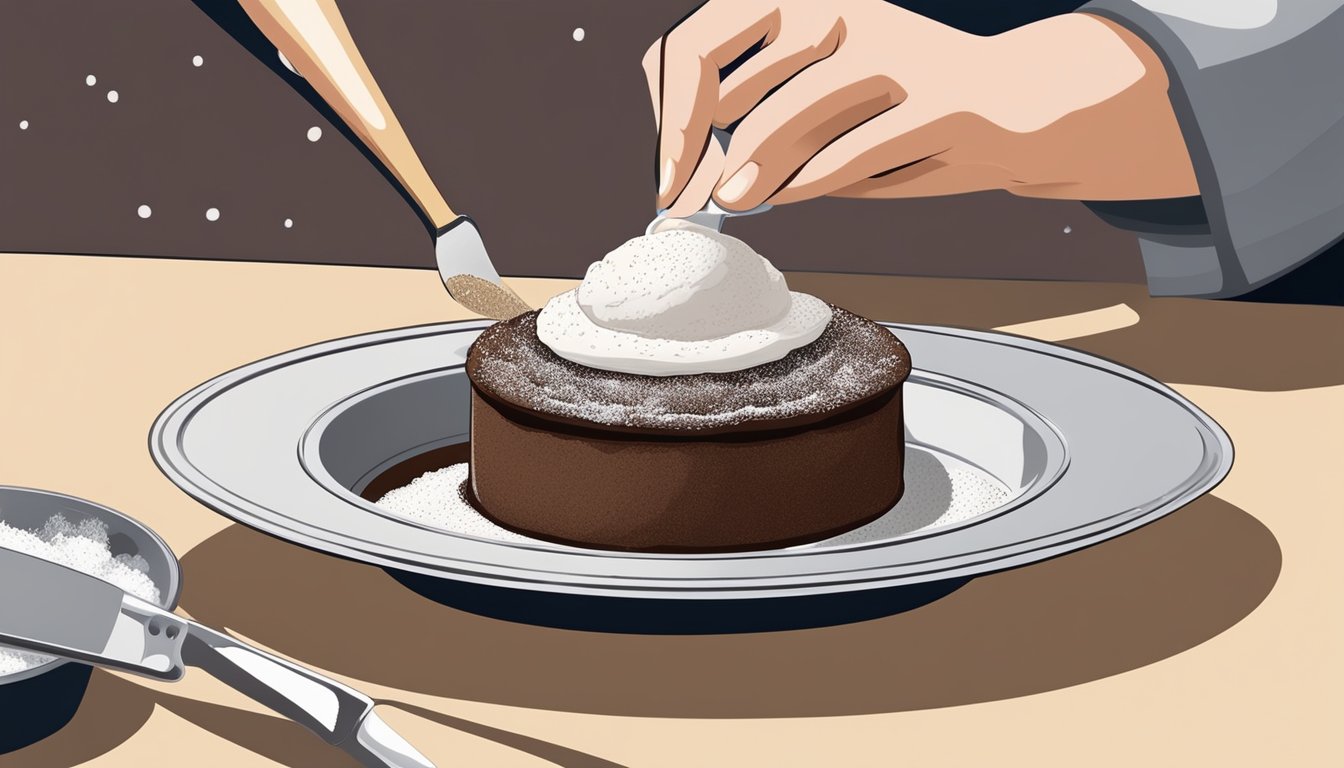 A chef places a freshly baked chocolate soufflé onto a decorative plate, dusting it with powdered sugar and adding a scoop of vanilla ice cream on the side