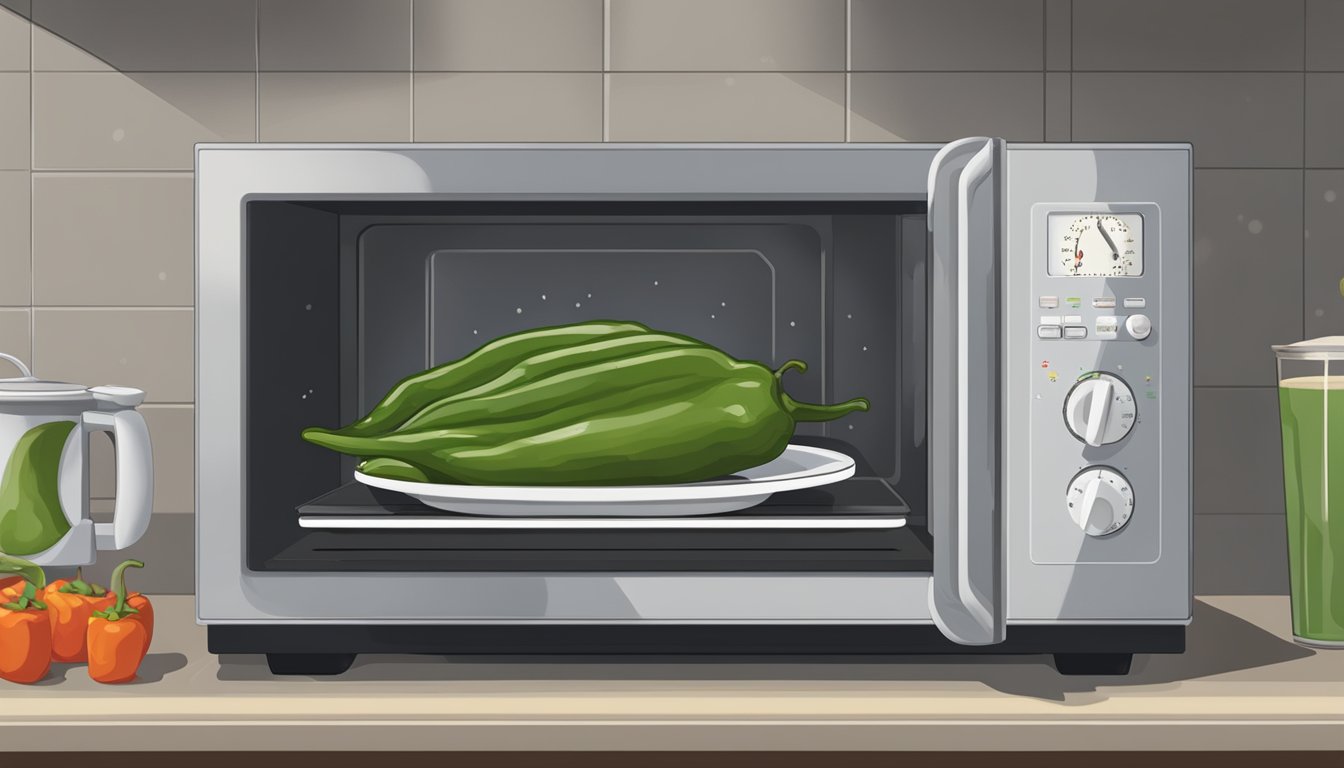 A plate of chiles rellenos sits inside a microwave. The microwave's door is closed, and the timer is set to reheat the food