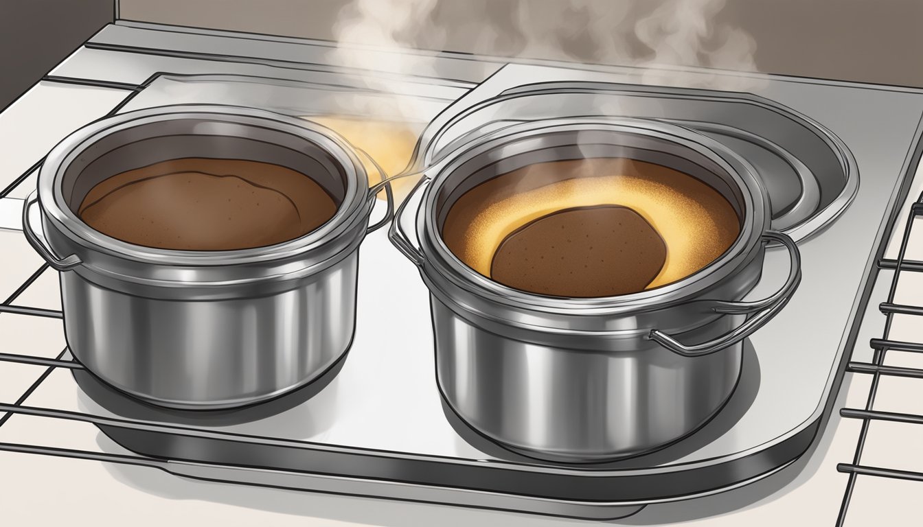 A chocolate soufflé being carefully reheated in the oven, with steam rising and a golden-brown crust forming on the top