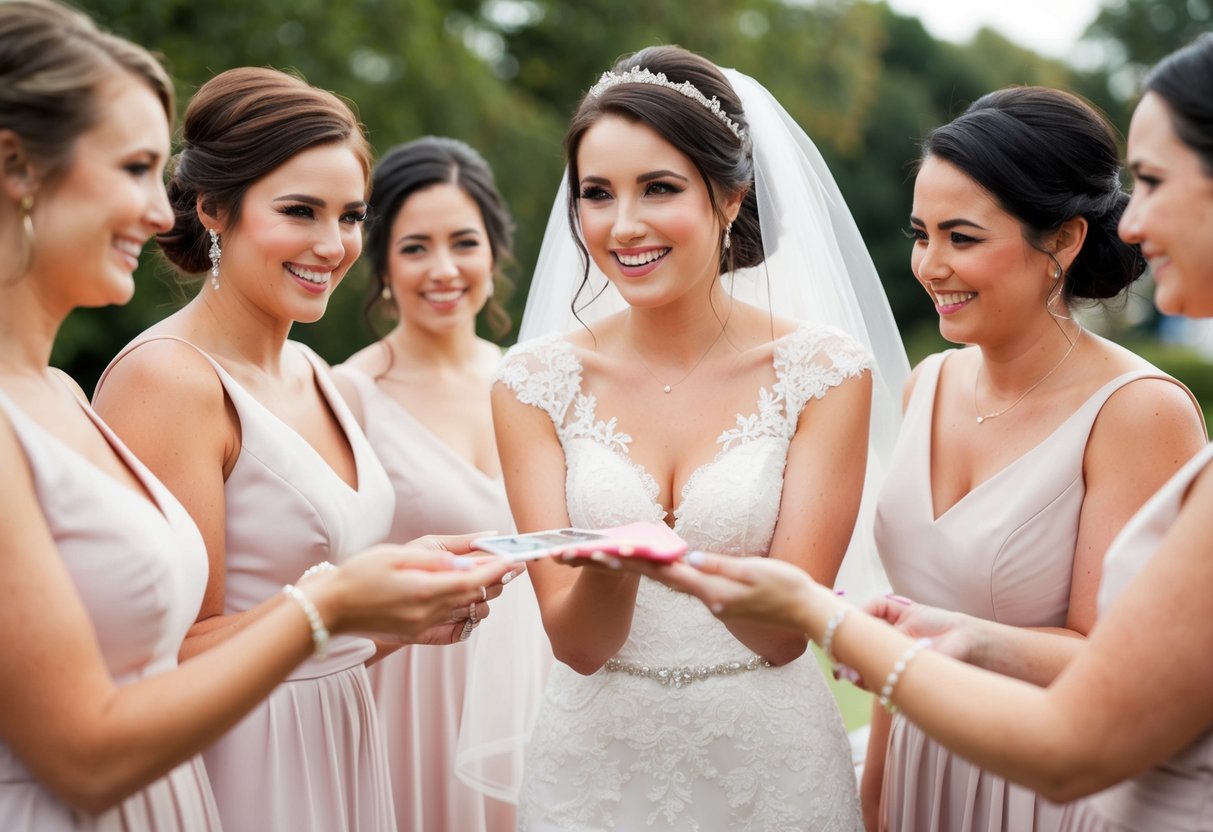 A bride holding out her hand for payment from her bridesmaids at a bridal shower