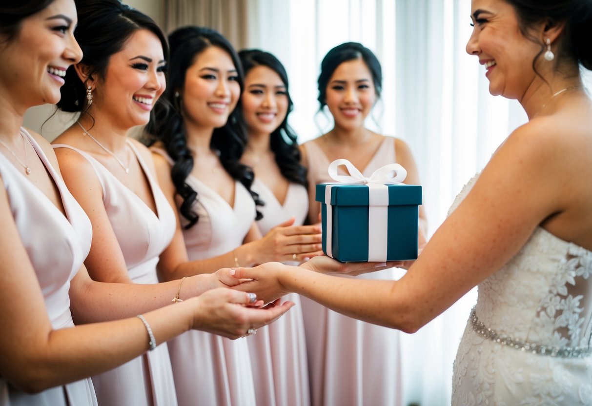 A bride's hand presents a gift box to a group of bridesmaids, who smile and express gratitude