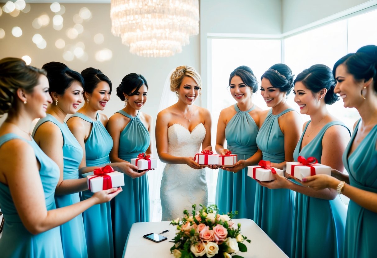 A bride and her bridesmaids gathered around a table, with the bride presenting each bridesmaid with a thoughtful gift