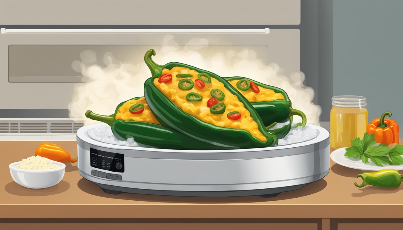 A plate of chiles rellenos being gently reheated in a microwave or oven, with steam rising from the peppers and cheese filling