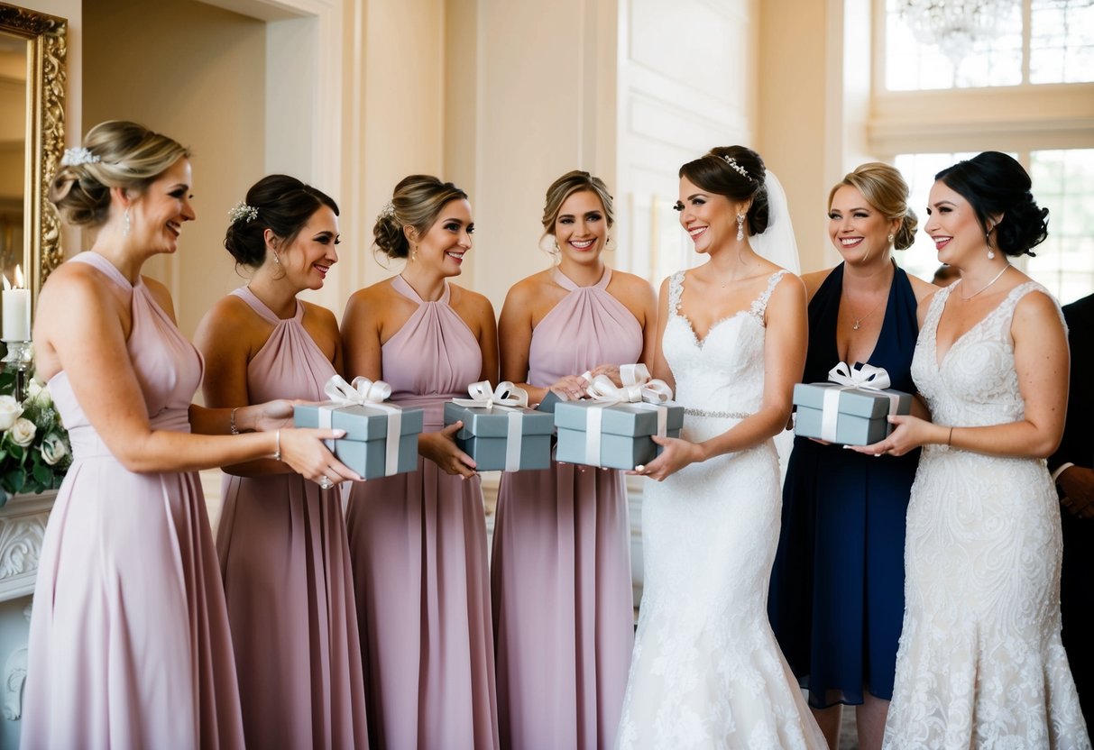 A group of bridesmaids receive gifts, surrounded by elegant decor. A bride and groom stand nearby, smiling