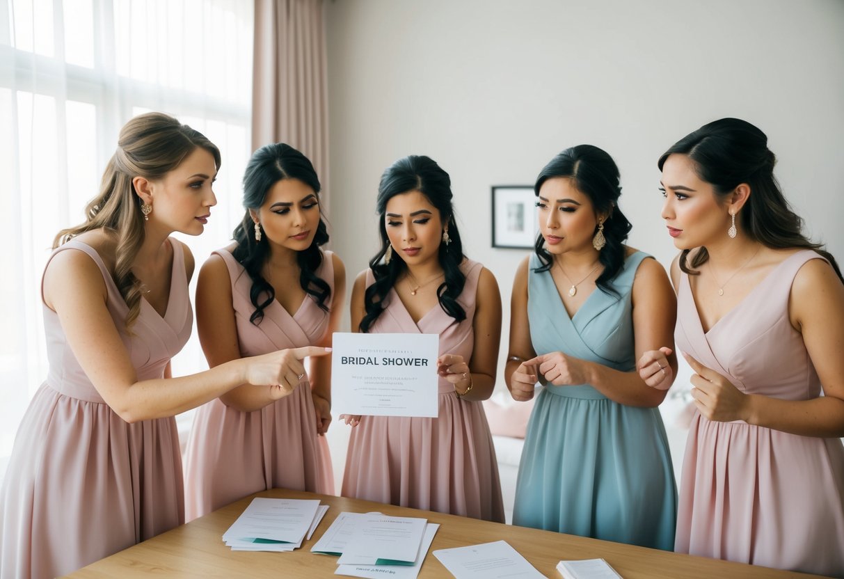 A group of bridesmaids discussing finances and pointing at a bridal shower invitation with concerned expressions