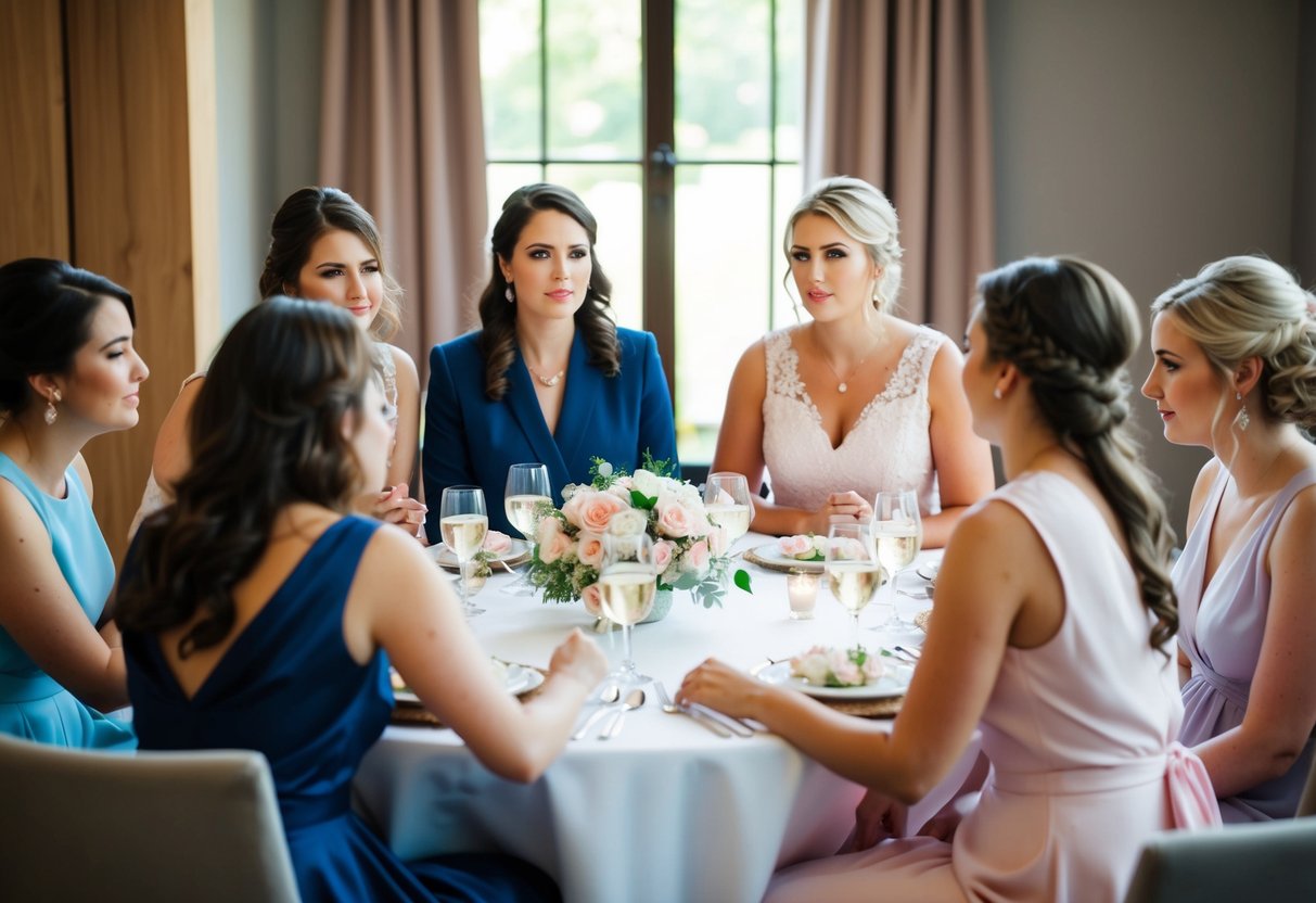 A group of bridesmaids gathered around a table, discussing and debating the idea of contributing to the cost of the bridal shower