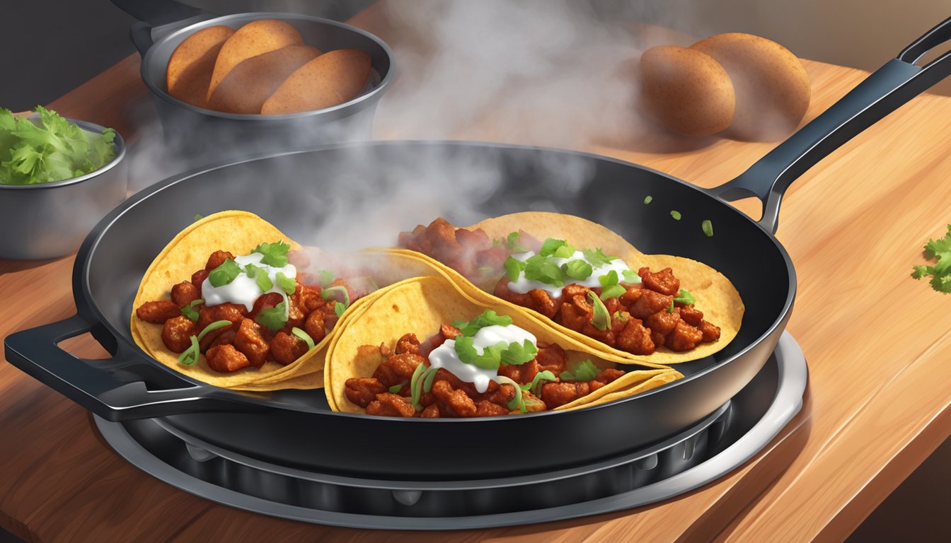 A skillet sizzling with reheated chorizo and potato tacos, steam rising, filling the air with savory aromas. A spatula flips the tacos, browning them to perfection