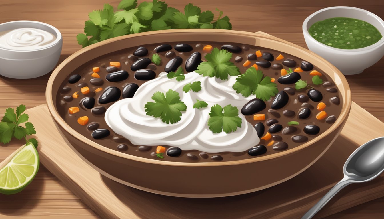 A steaming bowl of chipotle black bean soup being garnished with a dollop of sour cream and a sprinkle of fresh cilantro before being served on a wooden tray