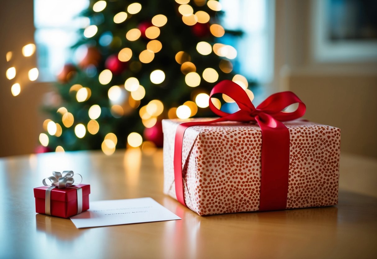 A beautifully wrapped gift box with a ribbon and a card on a table