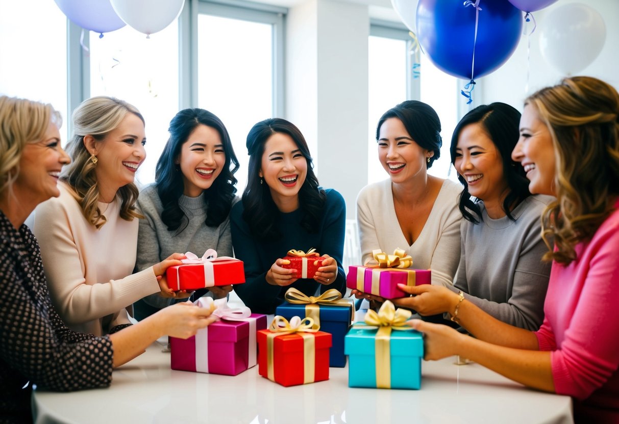 A group of women gather around a table, smiling and laughing as they exchange gifts and celebrate the upcoming wedding