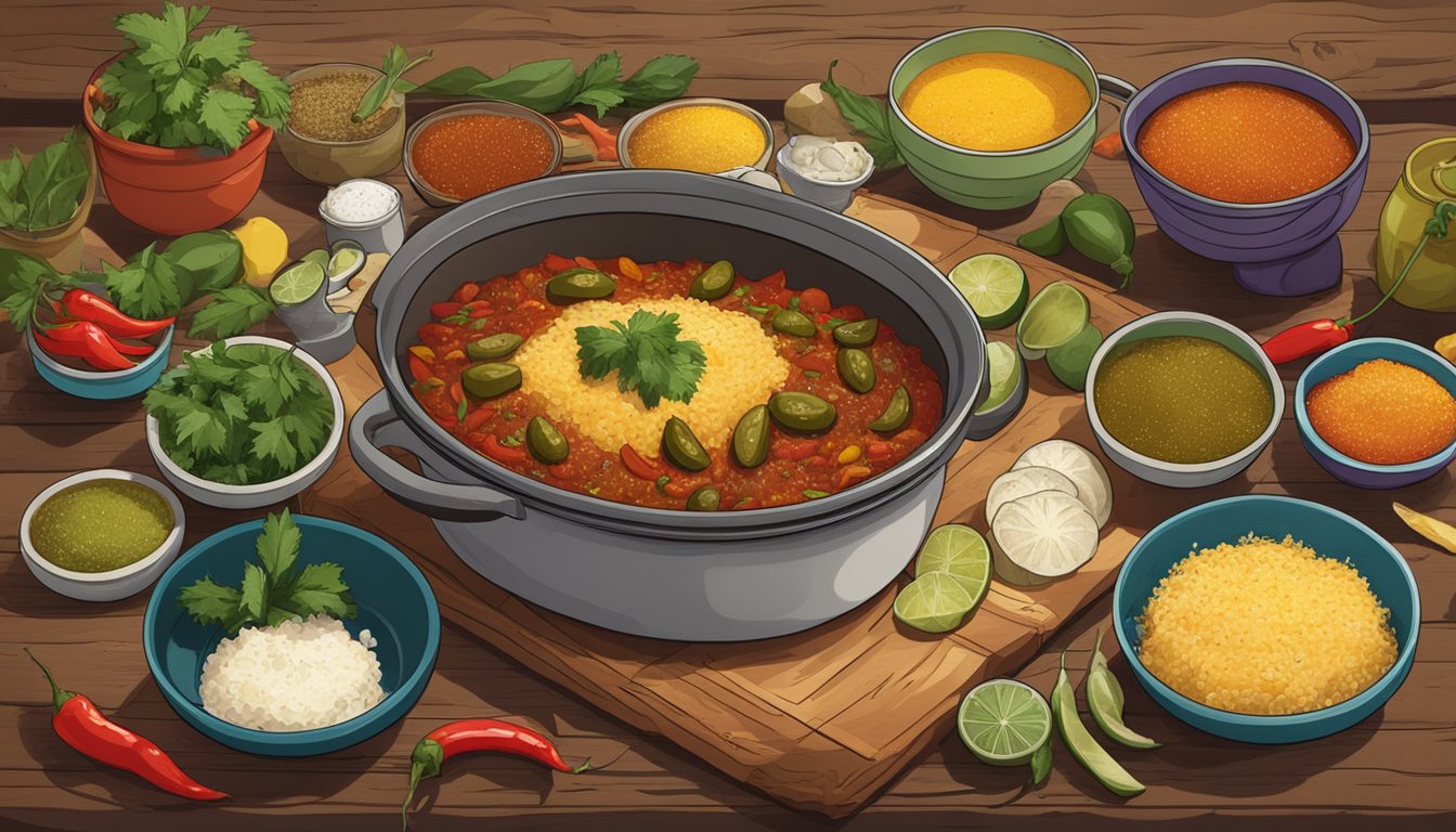 A steaming casserole dish of chili relleno sits in the center of a rustic table, surrounded by colorful ingredients and spices