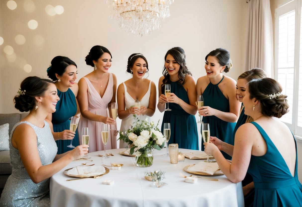 A group of bridesmaids gather around a table, laughing and sipping champagne as they work on DIY wedding decorations