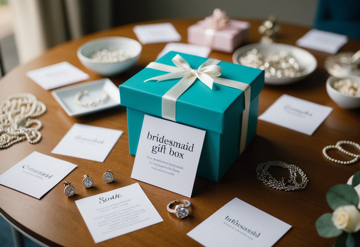 A bridesmaid gift box with a personalized note, jewelry, and wedding details spread out on a table