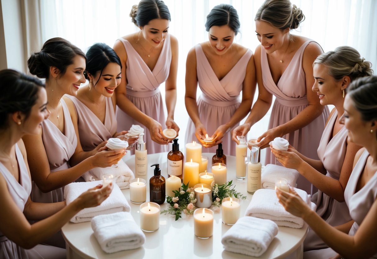 A group of bridesmaids gather around a table filled with luxurious skincare products, candles, and soft towels, preparing for a night of pampering and self-care before the wedding