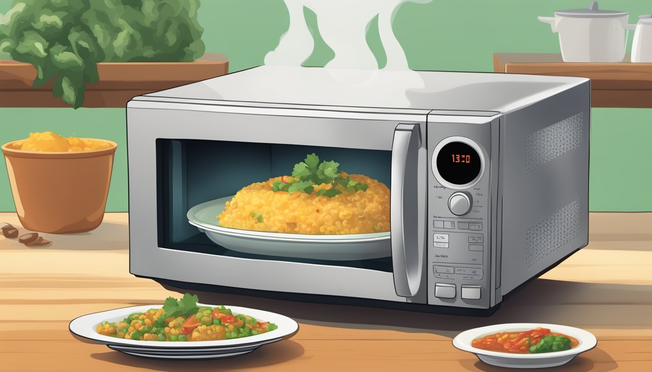 A microwave with a plate of chili relleno casserole inside, with steam rising from the dish