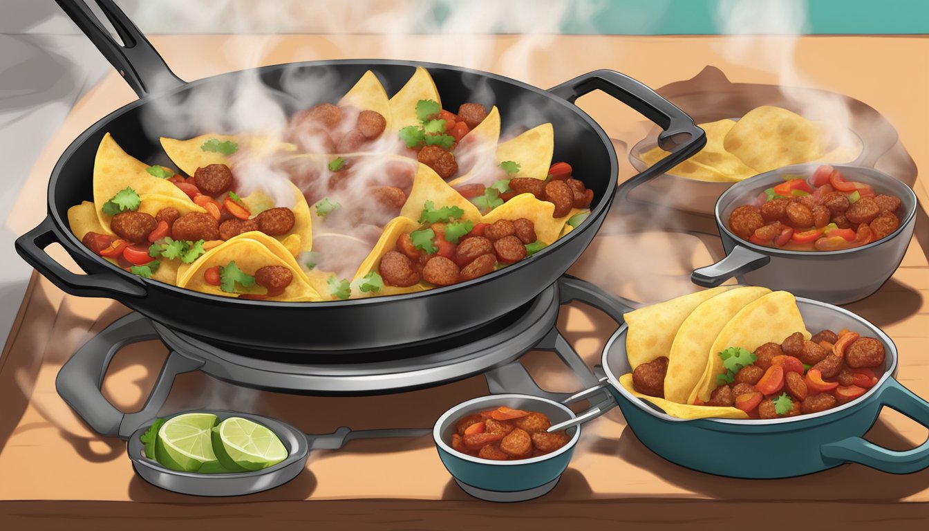 A skillet sizzling with reheated chorizo and potato tacos, steam rising as the flavors meld together