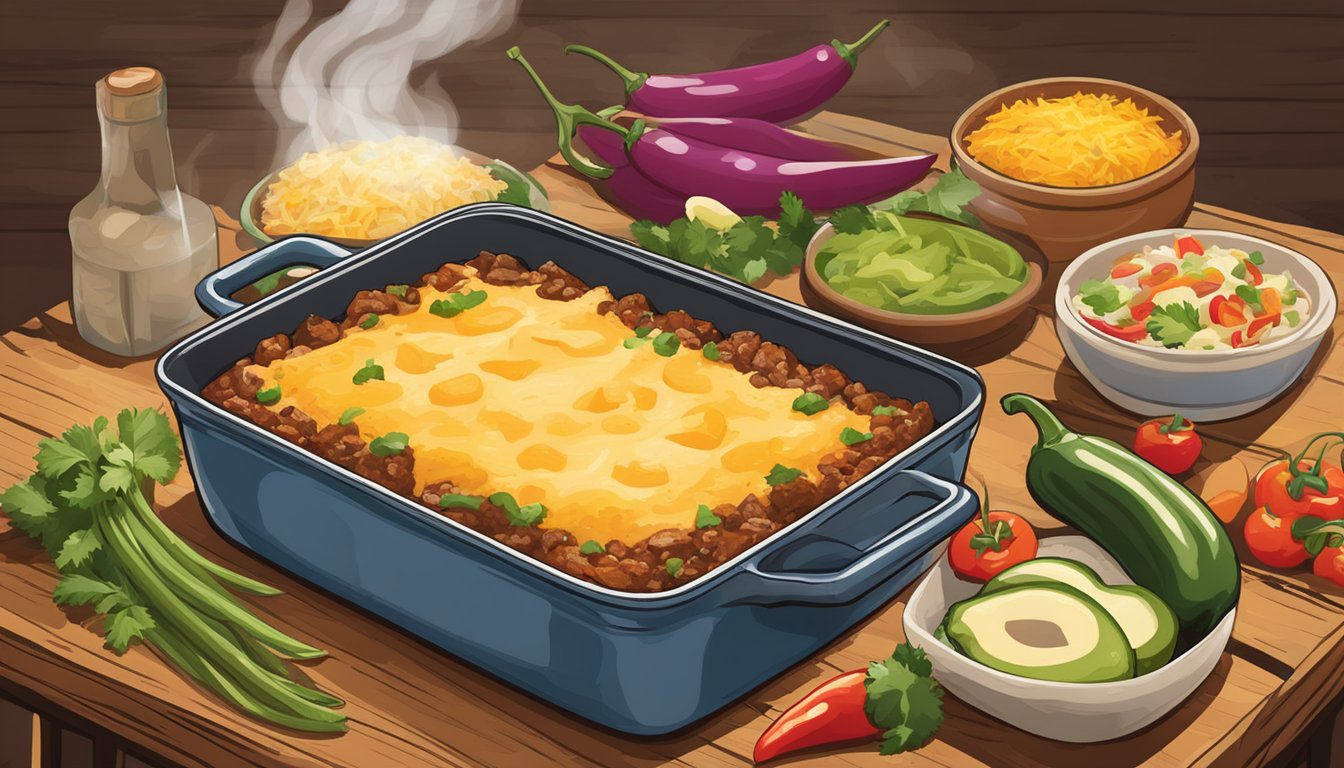 A steaming chili relleno casserole sits on a rustic wooden table, surrounded by colorful garnishes and various reheating methods