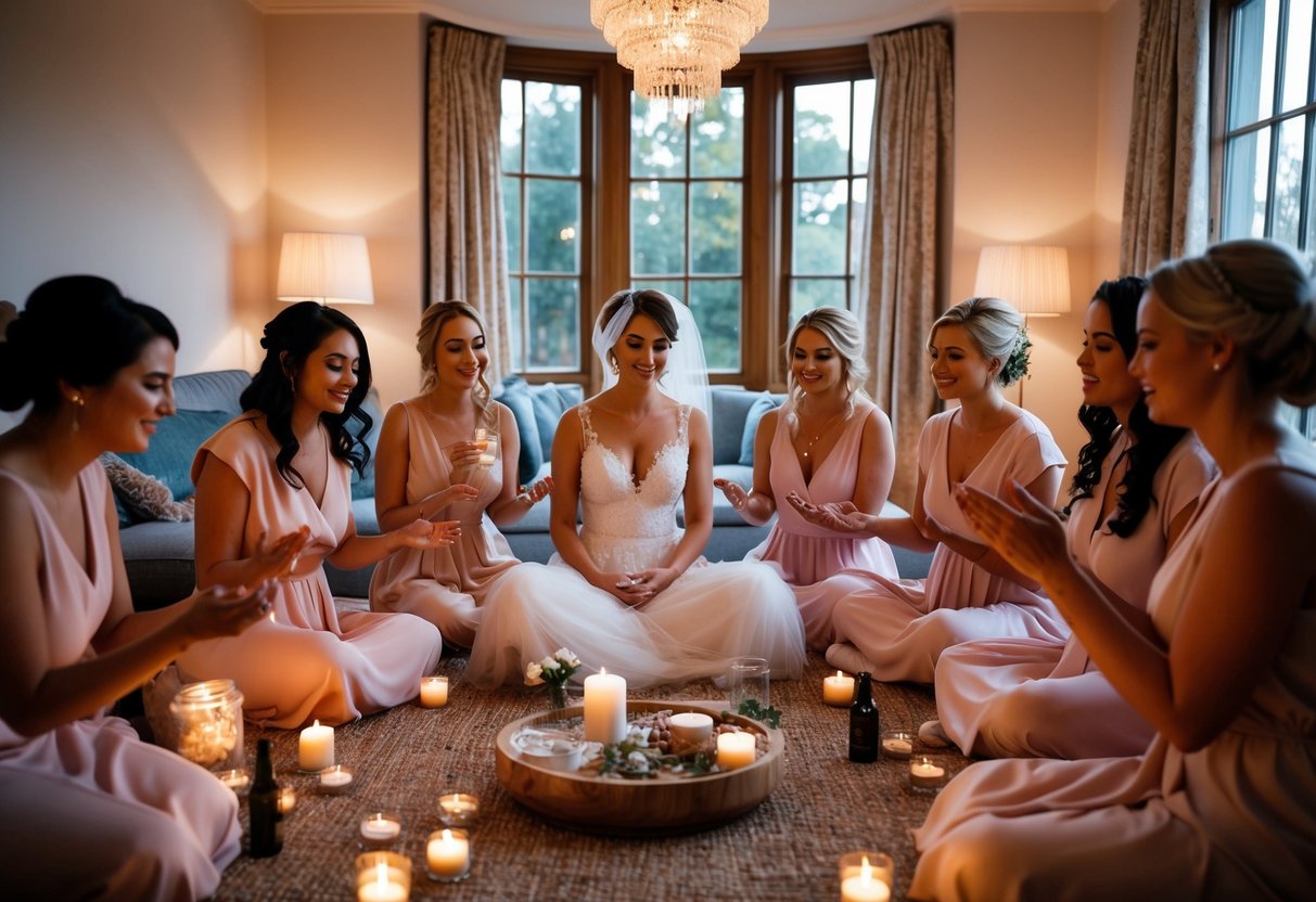 The bride and her bridesmaids gather in a cozy, candlelit room, surrounded by soothing music and aromatherapy. They engage in relaxation exercises and share heartfelt moments to cultivate a sense of calm and unity before the big day
