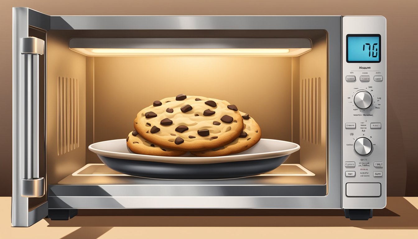 A microwave with a plate of chocolate chip cookies inside, the timer set, and the warm glow of the interior light