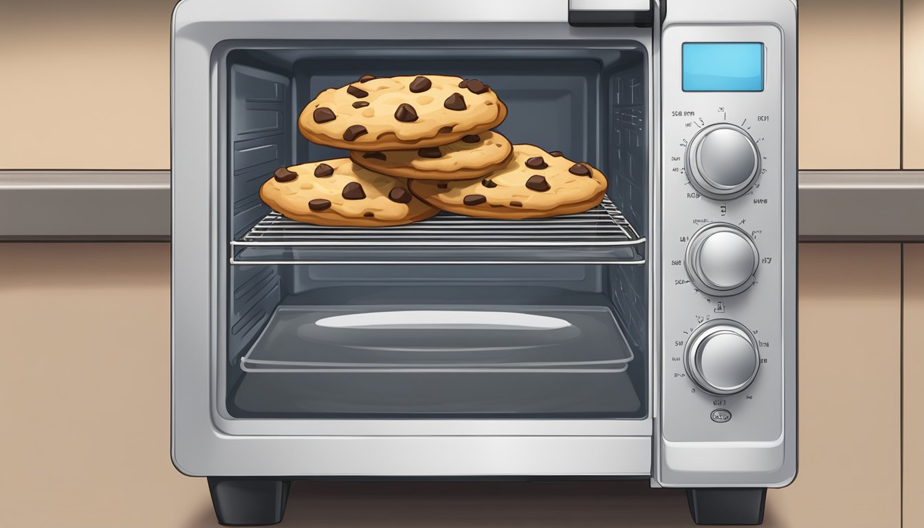 A plate of chocolate chip cookies being reheated in a microwave, oven, and air fryer