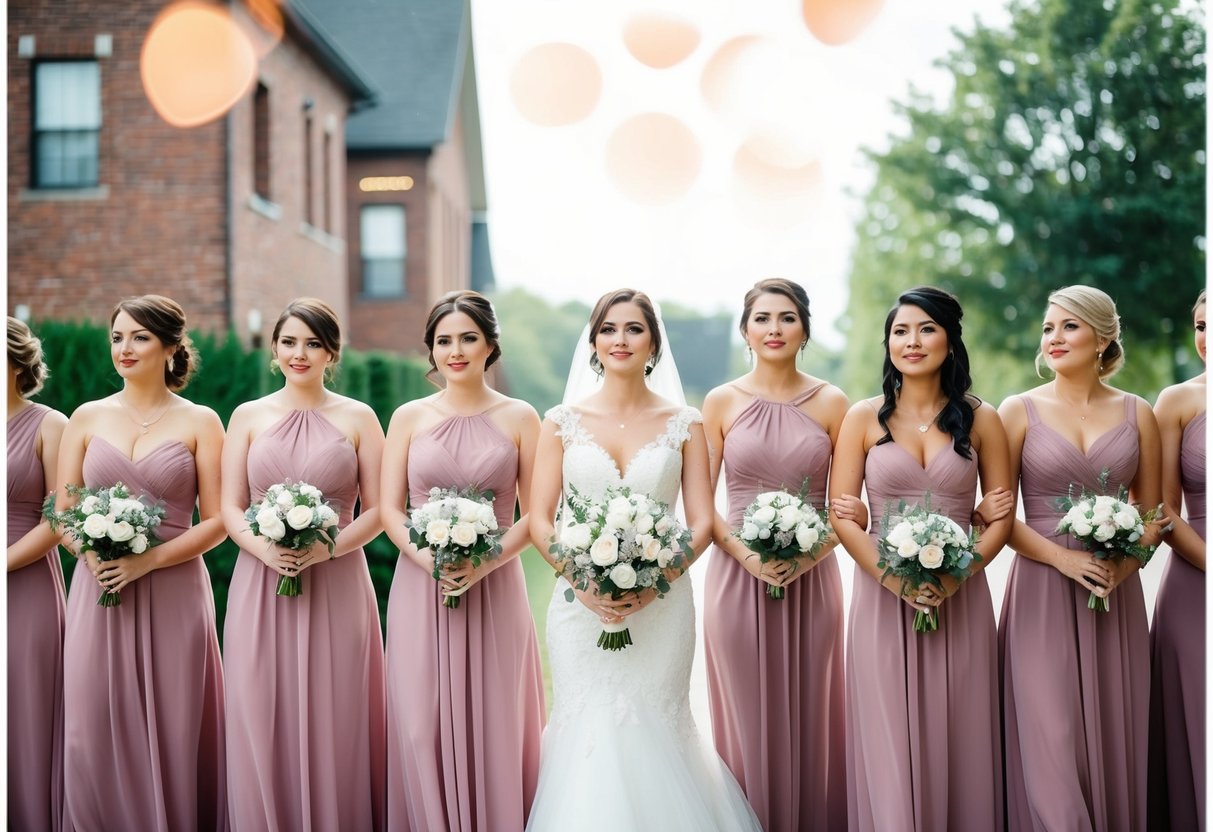 A line of bridesmaids standing in a row, waiting to walk down the aisle