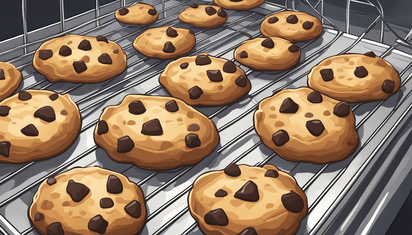 Freshly baked chocolate chip cookies on a wire rack, being warmed in the oven. A warm glow emanates from the oven as the cookies heat up